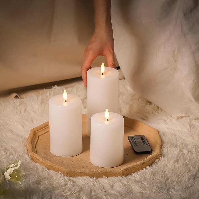 Stmarry White Flameless Candles with Remote and Timer, Real Wax Made LED Pillar Candles Battery Operated with 3D Flickering Flame - 3" x 4",5",6" - Set of 3