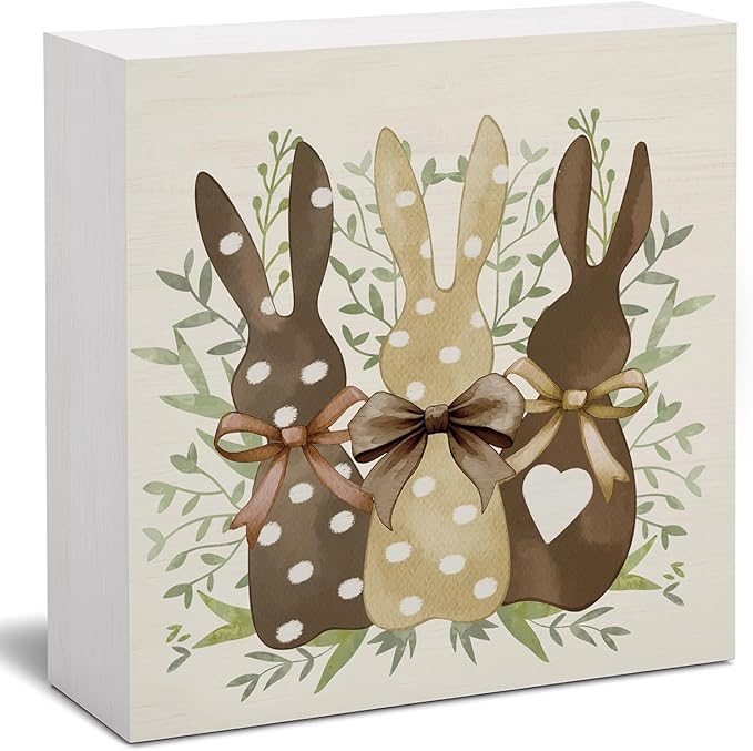 Easter Decor, Rabbit Wooden Box Sign, Rustic Easter Tiered Tray Decorations, Farmhouse Bunny Table Centerpiece Sign for Party Home Kitchen Dining Table Decor 5x5