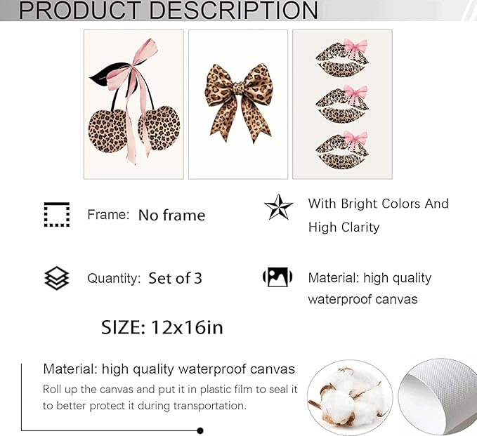 YZLYAD 3Pcs Trendy Leopard Print Wall Art,Fashion Bow Cherry Lips Y2k Poster Pictures,Stylish Preppy Aesthetics Girls' Rooms Canvas Wall Decor for Bedroom Dorm Apartment.12x16in Unframe