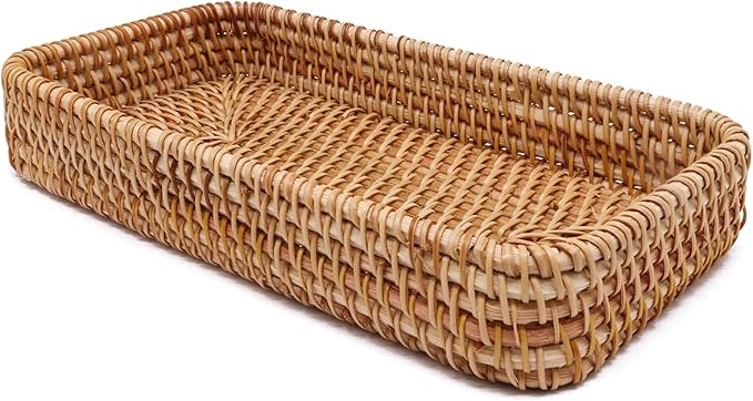 Rattan Storage Baskets, Rectangular Woven Baskets for Storage, Key Basket for Entryway, Decorative Storage Baskets for Organizing for Living Room, Bedroom, Kitchen(8.3" × 4.3" × 1.4")