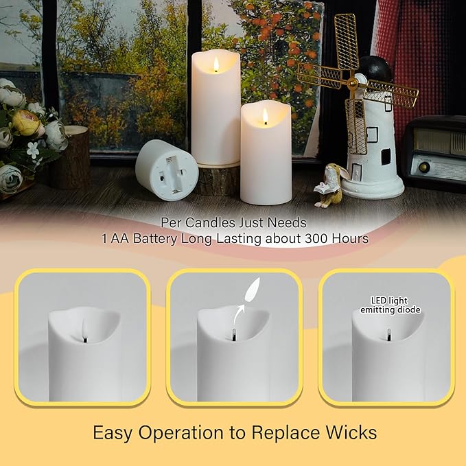 Nimiko Flameless Candles with Remote, Battery Operated Flickering Flameless Candles, LED Candles with Timer 2/4/6/8H, with Realistic LED Candles Set of 9 (D3 x H 3" 4" 5" 6" 7") (White)
