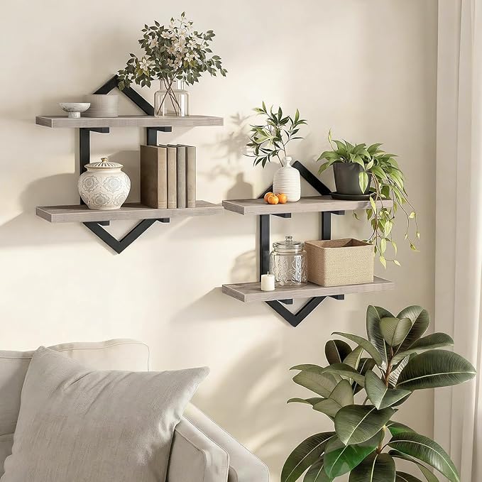 HOOBRO Floating Shelves, 15 Inch Wall Shelf Set of 2, Wall Mounted Storage Shelves 2-Tier, Hanging Bathroom Shelves, for Living Room, Bedroom, Bathroom, Kitchen, Greige and Black BG13BJP201