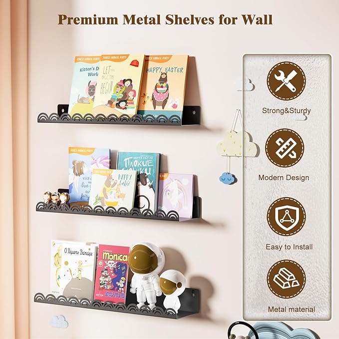 Nursery Book Shelves, Metal Floating Shelves for Wall 6 Pack, Black Scalloped Shelf, Wall Mounted Book Shelf for Kids Rooms, Baby Bookcase, Nursery Decor.