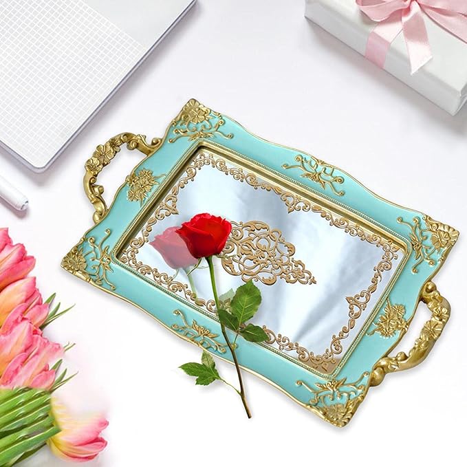 French Style Decorative Mirror Tray, Dresser Counter Coffee Table Jewelry Perfume Organizer for Makeup Jewelry (Green)