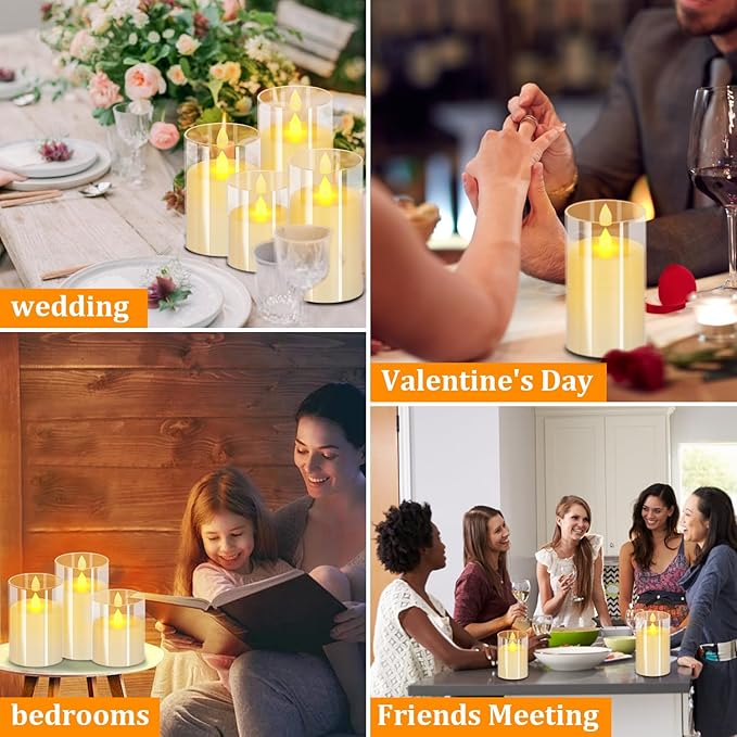 wemarry Flameless Candles 4" 5" 6" Acrylic Glass Pillars 3" Diameter Battery Operated Flickering Candles Include 8-Key Remote with Timer Function 400+ Hours (Pure White, Warm Light 6 Pack)