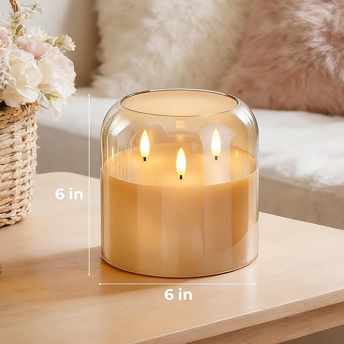 3 Wick Glass Flameless Candle with Remote and Timer, 6"x6" Extra Large Real Wax LED Pillar Candle Battery Operated with 3D Flickering Flame for Festival Wedding Home Party Decor (Gold)
