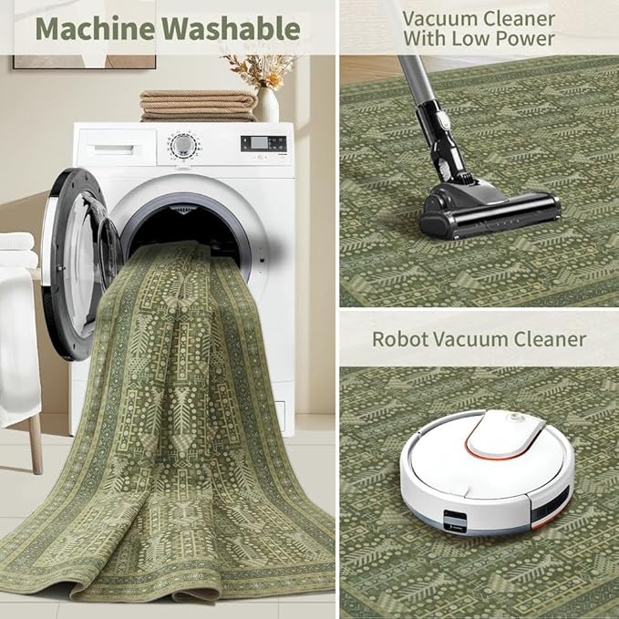 Rugxara 8x10 Washable Area Rugs for Living Room&Bedroom - Floral Boho Vintage Rug,Soft & Non-Slip,Low Pile Wool Carpet for Indoor Dining Room,Girls Room,Nursery Room and Kids Room(Olive Green)
