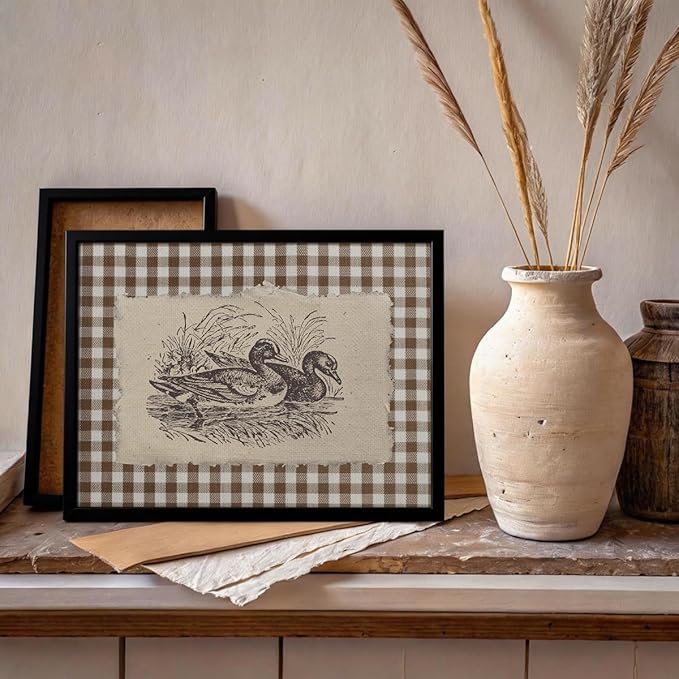 Nature Duck Animal Poster Vintage Brown Gingham Canvas Wall Art Rustic Cottagecore Pond Prints for Country Farmhouse Wall Decor 16X20 inch Aluminum Framed