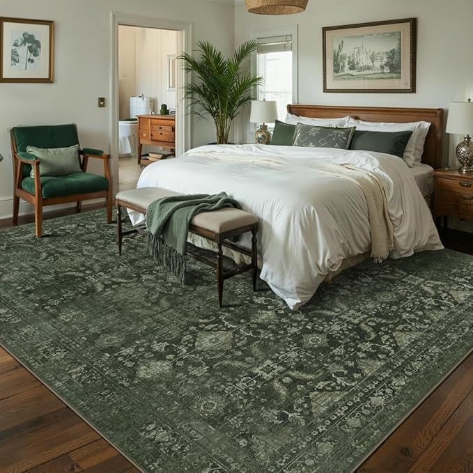 Rugxara 8x10 Area Rugs for Living Room Bedroom, Large Washable Rug, Green Vintage Floral Boho Rug, Non Slip & Low Pile Faux Wool Thin Carpet for Indoor Dining Room and Kids Room(Green 8x10ft)