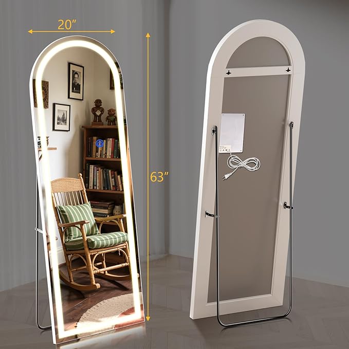Arch Full Length Standing Mirror with LED Lights, 63"x20" Lighted Mirror with Dimming & 3 Color Lighting, Tall Mirror Full Body for Bedroom, Dressing Room