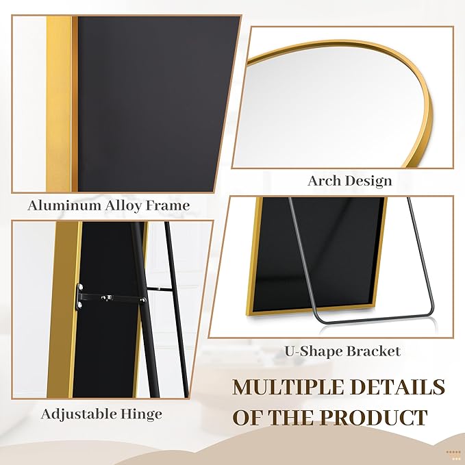 Suidia 82"x44" Arched Full Length Mirror with Stand, Full Body Mirror with Aluminum Frame, Freestanding/Leaning/Wall-Mounted, Floor Mirrors for Bedroom, Living Room, Entryway, Dressing Room, Gold
