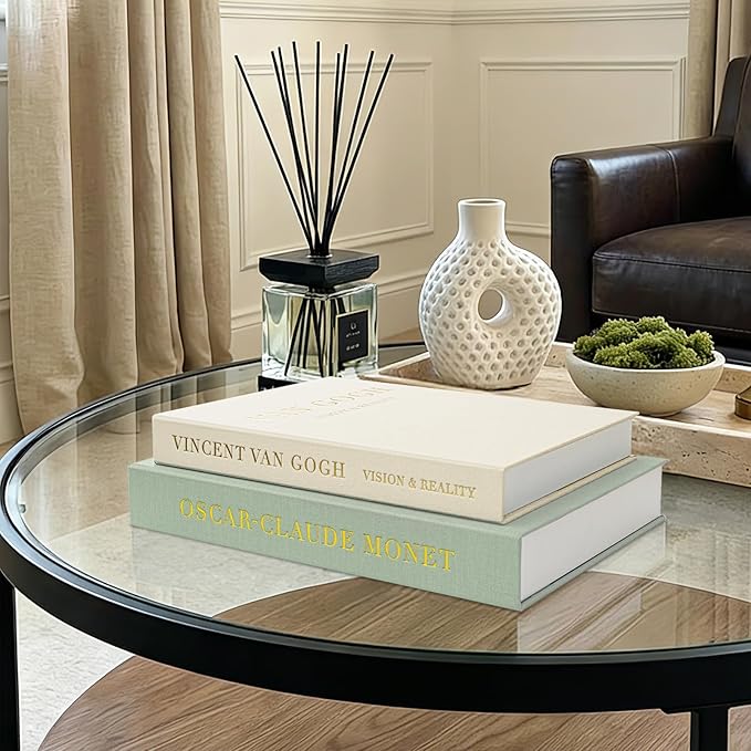 Aesthetic Decorative Books - Fake Books Storage Box for Decoration - Set of 2 Linen Coffee Table Decor - Photo Storage Keepsake Box for Room Bookshelf Decor, Sage