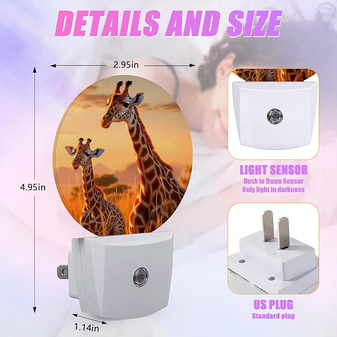 Funny Giraffe Night Light African Animal Night Lights LED Lamp Round Plug into Wall Nightlight with Dusk to Dawn Sensor Home Hallway Stairway Kitchen Decor