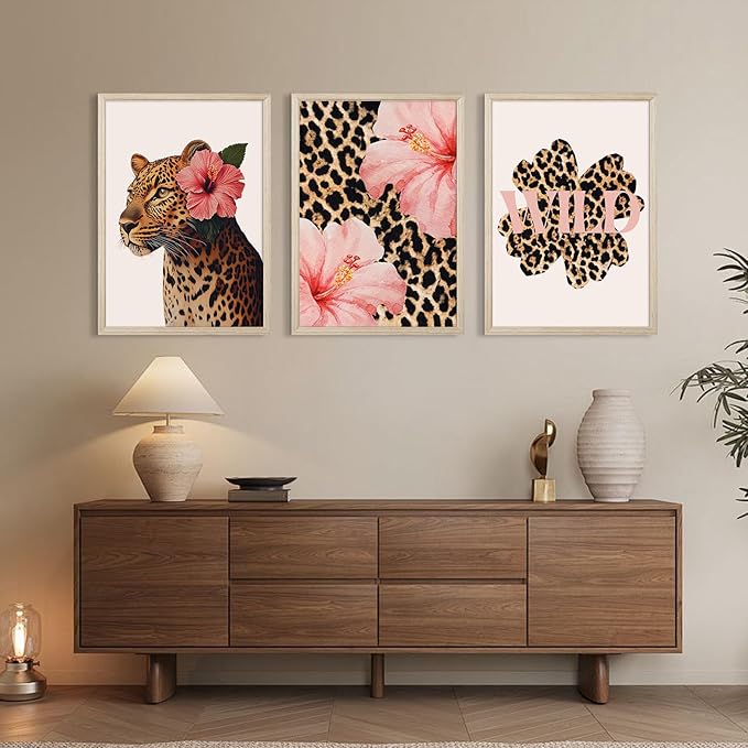 Trendy Leopard Wall Art Pink Cheetah Print Room Decor Leopard Flower Canvas Wall Decor Cheetah Aesthetic Poster Girly Pink Preppy Picture Funky Y2k Artwork for Girl Bedroom 24x36x3 Inch Wood Framed