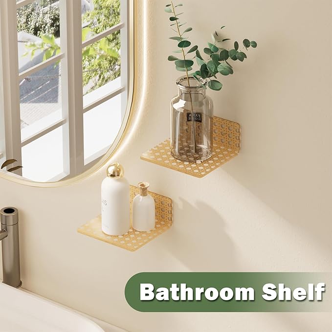 QsQueen Boho Acrylic Wall Shelves 2 Pack, Small Floating Shelf with Rattan Pattern, Clear Display Ledges for Funko Pop Figures, Plants, Perfume & Home Decor, Wall Mount for Bedroom, Living Room