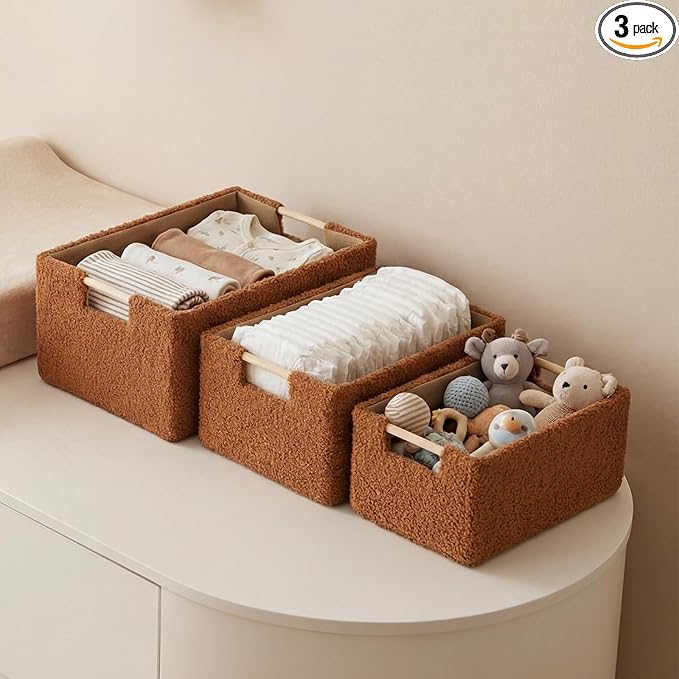 3 Pack Baby Diaper Caddys Organizer 3 Size Brown Baby Changing Basket Sherpa Fleece Diaper Storage Baskets Soft Plush Toy Bins BabyShower Gift for Nursery Car Portable Changing Table