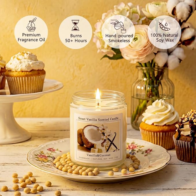 Homsolver Creamy Vanilla Coconut Scented Candle, Natural Soy Candles with 50+ Hours Burn Time, Anniversary Birthday Mothers Day Gifts for Women, Mom Wife, Warm&Soft Home Fragrance(Boutique Gifts Size)