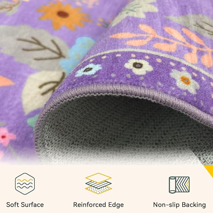 RELEANY Floral Nursery Square 4ft Area Rugs Washable Print Boho Cute Carpet Non Slip Flower Low Pile for Living Room Kids Girls Playroom Bedroom Kitchen Office Farmhouse-Purple/Pink/Multi