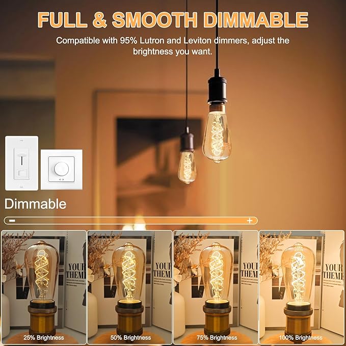 BLINGCOLOR E26 LED Vintage Edison Light Bulbs 40W Equivalent, Dimmable E26 4W LED 2500K Amber Warm Light Bulbs, ST58 Decorative Edison Bulbs for Pendant Lights Fixture, CRI90+, 2 Pack
