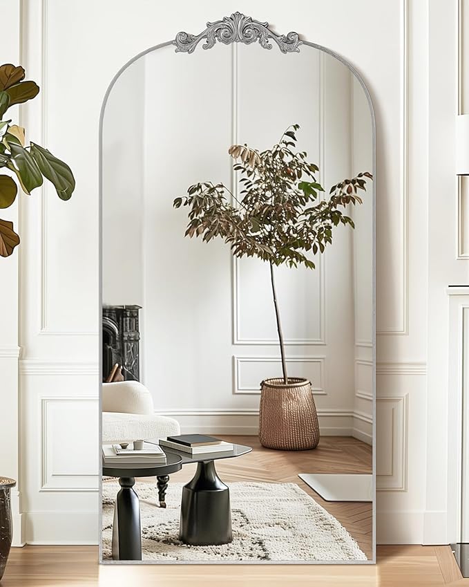 Vintage Full Length Mirror,78"x38" Arched Antique Floor Mirror with Carved Metal Frame,Large Standing Wall Mounted or Leaning Mirror for Bedroom Living Room Entryway,Sliver