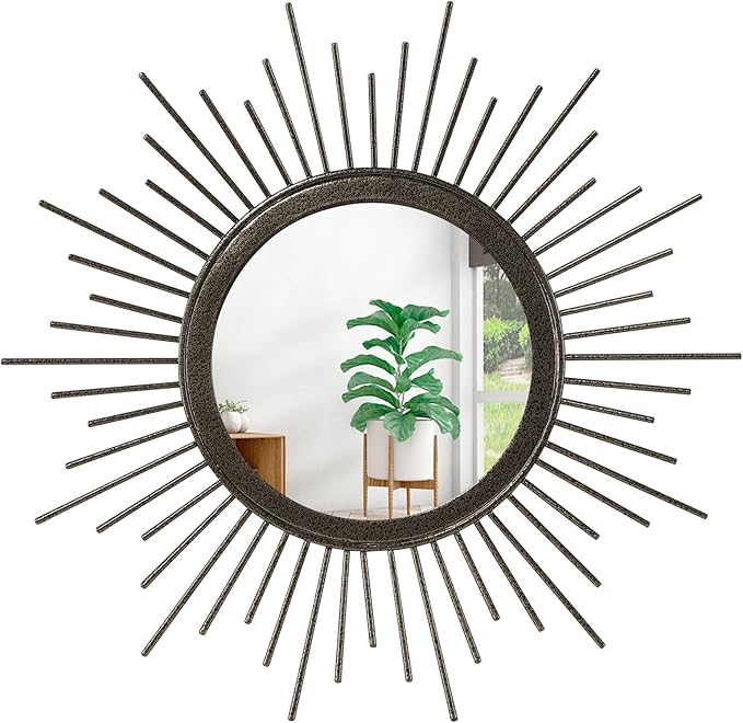 Large Sunburst Wall Mirror, Round Home Modern Metal Art Mirror for Bathroom Living Room Hallway Bedroom Balcony Farmhouse 24" x 24"