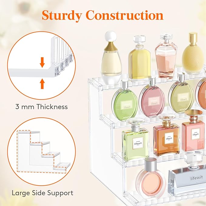 Lifewit 4 Tier Clear Display Riser Stand with Decorative Secure Fences, Tool-free Assembly, Plastic 12 Inch Perfume Organizer, Display for Figures, Cupcake, Dessert, 1-pack
