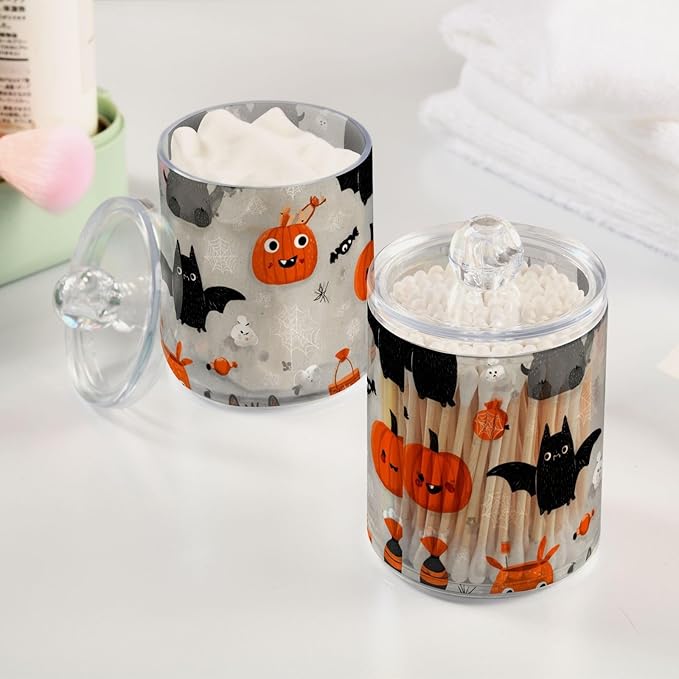 2 Pack Apothecary Jars Halloween Black Bats Bathroom Vanity Storage Organizer Set,Small Clear Plastic Storage Jars Bathroom Canister for Cotton Swabs, Rounds, Balls, Qtips,Makeup Sponges, Floss