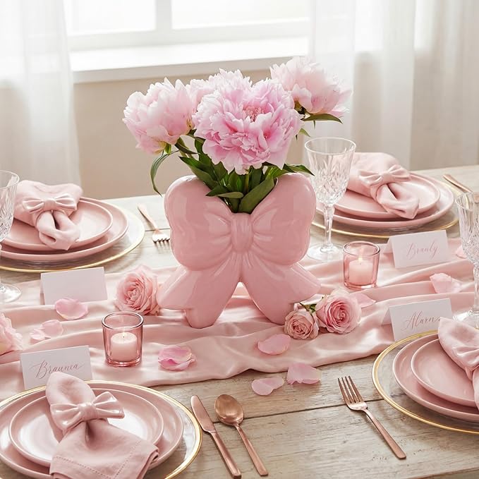 Jingmore Pink Bow Vase Coquette Ceramic Vase Pen Holder Makeup Brush Holder Contemporary Design Women Decorative Gift for Wedding Home Office Shelf Table Room(Small, Classic)