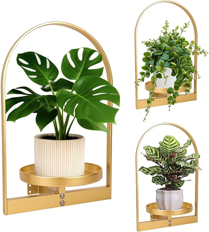 3 Pack Gold Wall Plant Holder for Indoor Plants, Metal Wall Mounted Plant Shelf for Small Pots, Decorative Hanging Wall Planter Display, Modern Wall Decor for Living Room, Bedroom, Entryway, Office