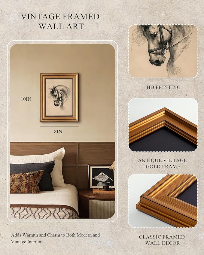 InSimSea Gold Framed Canvas Wall Art, Vintage Wall Decor for Living Room, Sketch Horse Animal Paintings Farmhouse Decor Aesthetic, Small Minimalist Prints for Bedroom Shelf Gift, 8x10inch