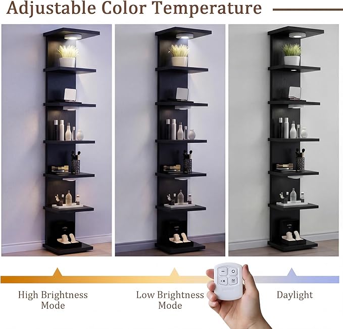 Pinkunn 2 Pack 7-Tier LED Floating Wall Shelf with Remote, 77in Tall Adjustable Lighting Wall Shelf Unit, Vertical Storage Display Organizer Floating Rack for Bedroom, Living Room, No Battery(Black)