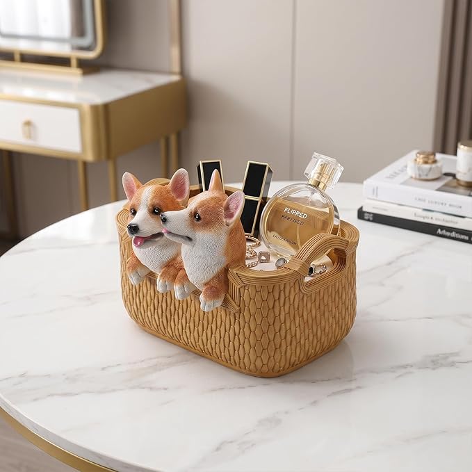 Dog Resin Storage Basket, Desktop Organizer for Remote & Keys, Cute Home Decor Tray, Ideal present for Pet Lovers.(Two corgis)