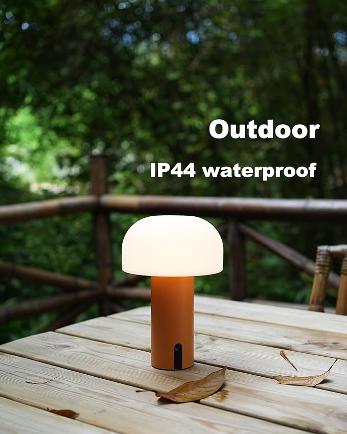 Outdoor Mushroom Table Lamp Rechargeable, Cordless Lamps for Patio Waterproof, Portable Battery Operated Lamp with USB Charging, Touch Dimming Night Light for Home/Porch/Restaurant (Orange)