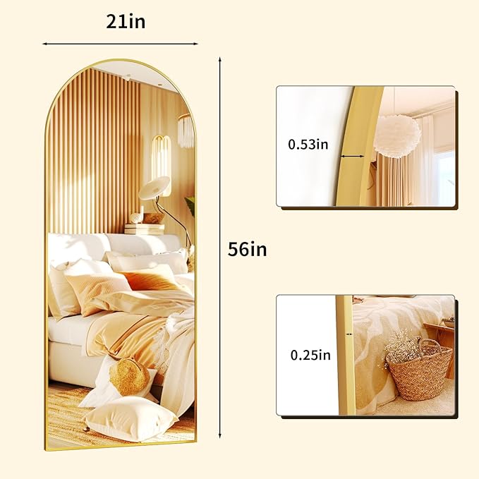 XRAMFY 56" x21 Arched Full Length Mirror Floor Mirrors with Aluminum Alloy Frame Free-Standing Wall Mounted Floor Mirrors or Large Dressing Mirror, Gold Mirror Full Length