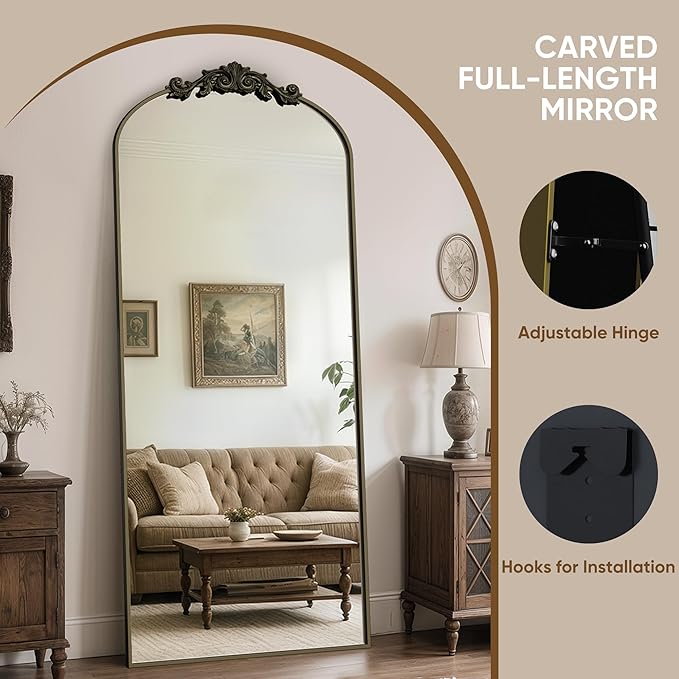 Antok Arched Full Length Mirror, 71"x32" Floor Mirror with Carved, Full Body Mirrors for HomeDecor, Standing/Halling Large Wall Mirror for Bedroom, Living Room, Cloakroom, Bronze, Retro Style