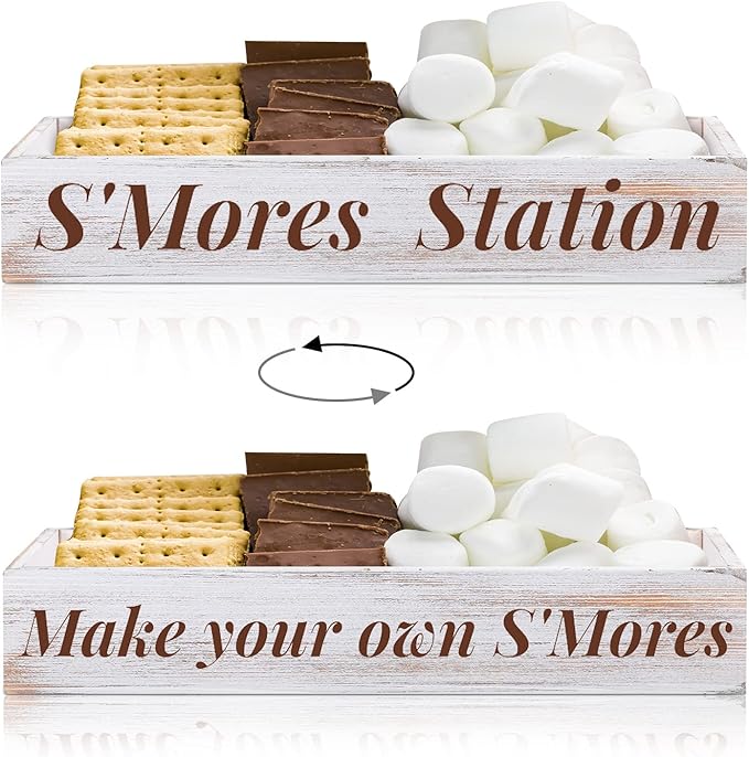 Yookeer S'mores Station Box Farmhouse S'mores Bar Holder Farmhouse Kitchen Smores Box Wood White Rustic Decor Roasting Smores Container Organizer for Chirstmas Camping Outdoor BBQ Housewarming