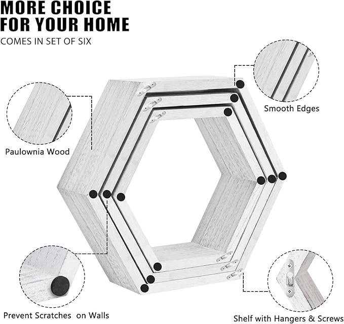 NORCEESAN Hexagon Floating Shelves Set of 6 Honeycomb Shelves Wooden Farmhouse Hexagonal Shelf for Wall Decor Hanging Shelves Honeycomb Storage Shelf for Bedroom Living Room Nursery, Grey-White