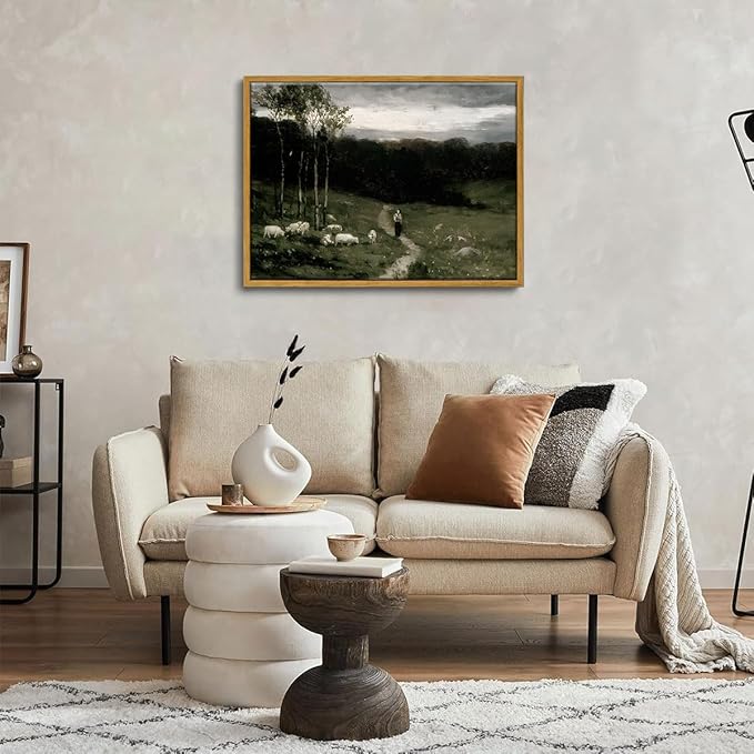 OIQArtOIQ Framed Vintage Landscape Wall Art Shepherd Natural Scenery Oil Painting Canvas Prints Country Farmhouse Aesthetic Decor Pictures for Kitchen Bedroom Living Room Bathroom