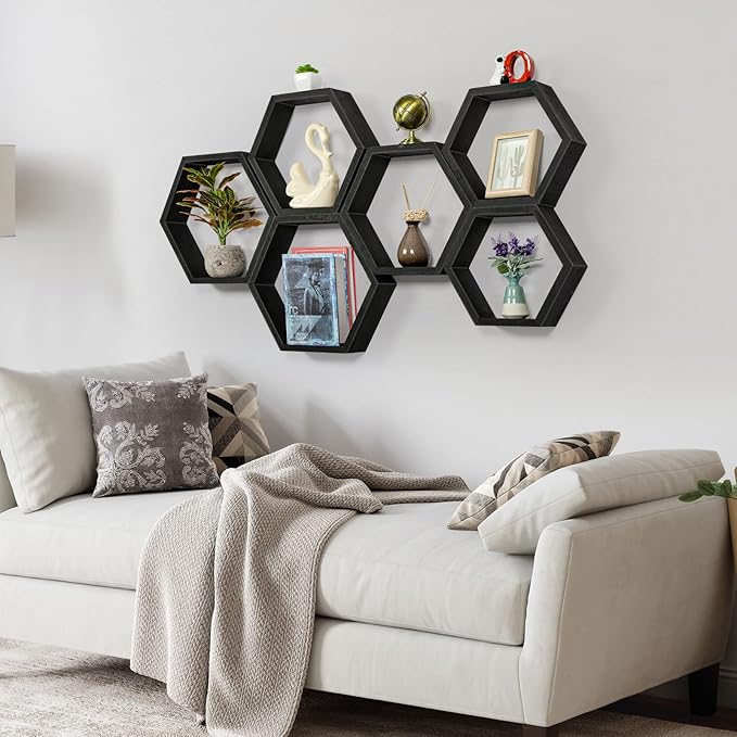 YBING Hexagon Floating Shelves Black Hexagon Shelves for Wall Wood Farmhouse Storage Honeycomb Shelves Set of 6 Hexagon Wall Mounted Home Decor Storage Shelves for Living Room Bedroom Office