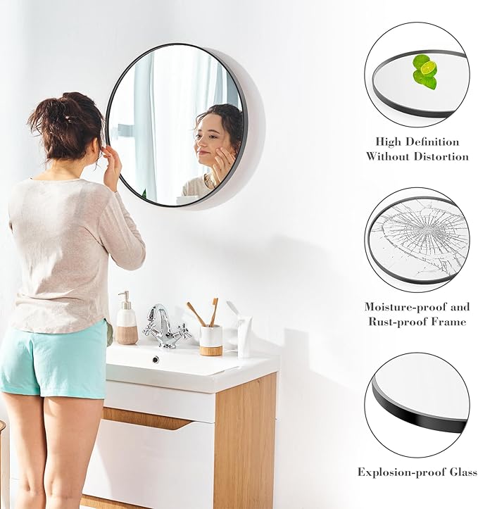 NEWBULIG Black Round Wall Mirror 24 Inch, Bathroom Mirrors for Over Sink, Wall Decor for Bathroom, Entryway, Bedroom, Vanity