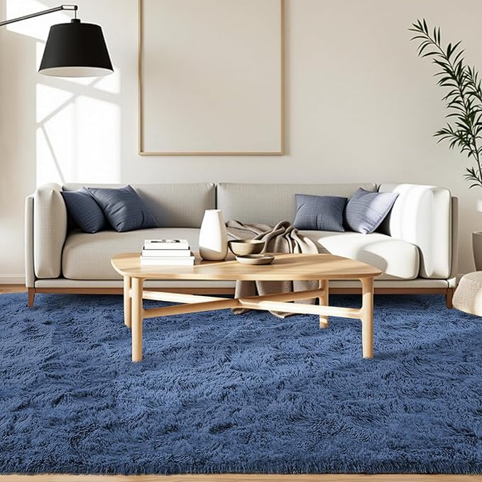 FinRèc Dark Blue Rug for Bedroom Living Room, 5x8 Feet High Pile Plush Area Rug, Non-Slip Soft Fluffy Carpet for Nursery Kids Room Dorm Room Home Decor, Indoor Fuzzy Floor Rugs