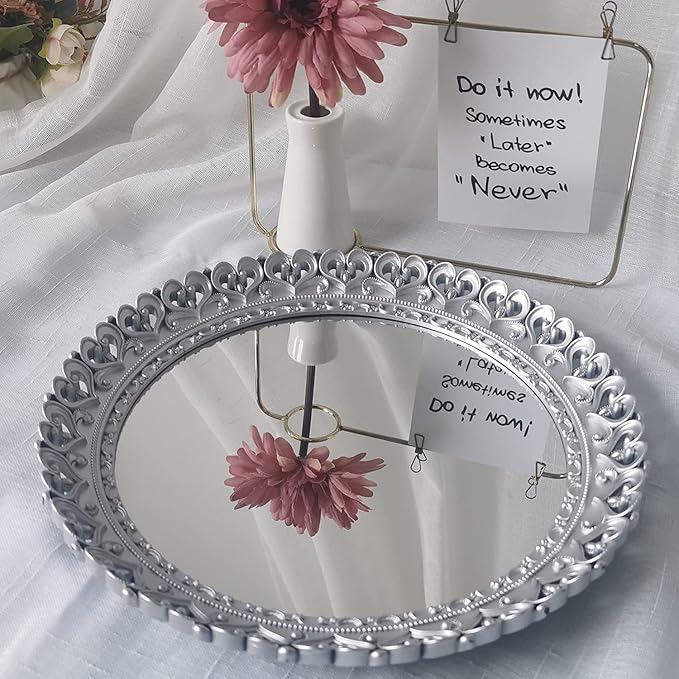 YANIZU Decorative Mirror Tray, Round Hollowed Out Design, Organizer for Makeup, Jewelry, Perfume, Vintage Display and Serving Tray for Dresser, Counter and Coffee Table, 12''X 12'', Silver