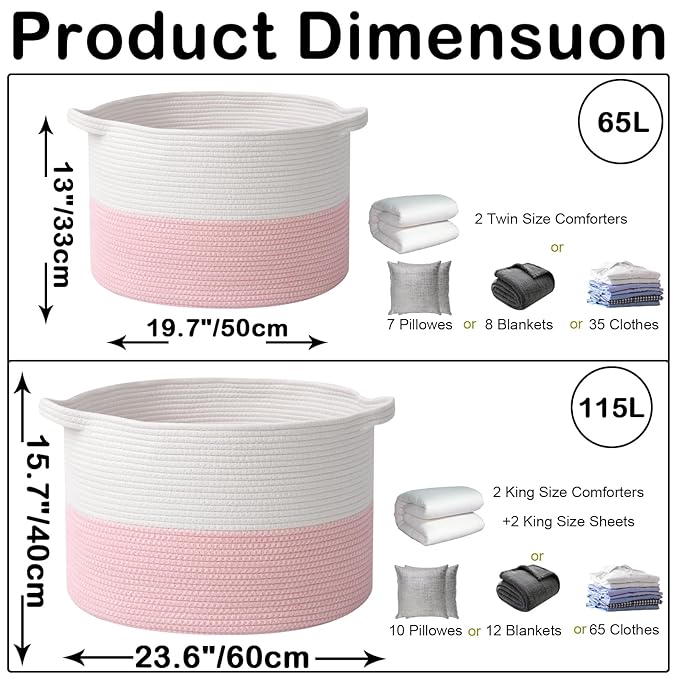 65L Large Pink Woven Cotton Rope Basket with Handles, Kids Nursery Laundry Hamper for Toys, Blankets, Pillows & Comforters, Cute Storage Bin for Bedroom & Playroom