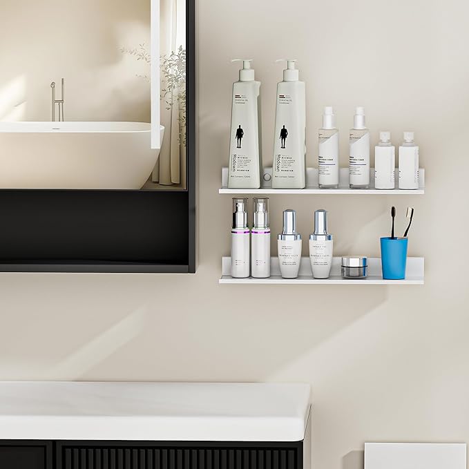 Wisfame Adhesive Floating Shelves, 15.7" Metal Bathroom Shelves for Wall Set of 2, Modern White Wall Shelf for Living Room, Bedroom Storage Display Decorative