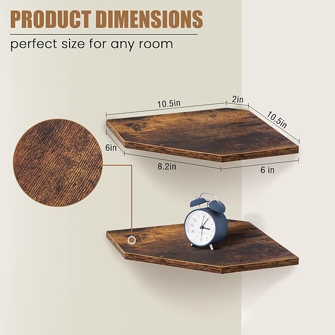 Fun Memories Corner Shelf Wall Mount, Floating Corner Shelves, Set of 2 Corner Wall Shelf Organizer, Rustic Wood Wall Storage Display Shelves for Living Room Bedroom Bathroom Kitchen, Rustic Brown | Organizer, Living Room, Bedroom, Bathroom, Kitchen