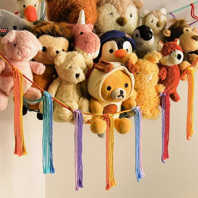 mirolam Stuffed Animal Hammock Corner Storage Net Cute Preppy Trendy Stuff Gifts for Teen Girls Baby Room Wall Nursery Decor Rainbow Color Colorful Unicorn Hanging Organizers XL Large