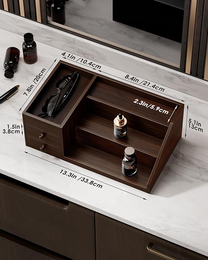 ProCase Wooden Cologne Organizer for Men, 3-Tier Elevated Wood Perfume Storage Display Shelf with Drawers, Dresser Storage Stand Riser for Fragrance Skin Care, Gift for Boys Men Dad Husband -Brown