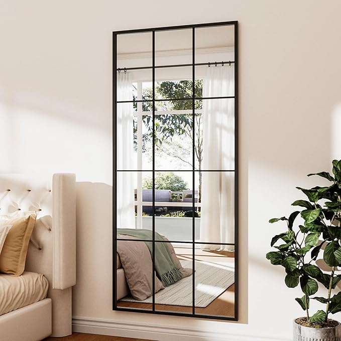 Rowjut Full Length/Floor Mirror, 71"x 32" Window/Wall Decorative Mirrors, Aluminium Framed Window Pane Mirror, Square Wall Mirror for Entryway, Living Room, Bedroom, Fireplace (Black)