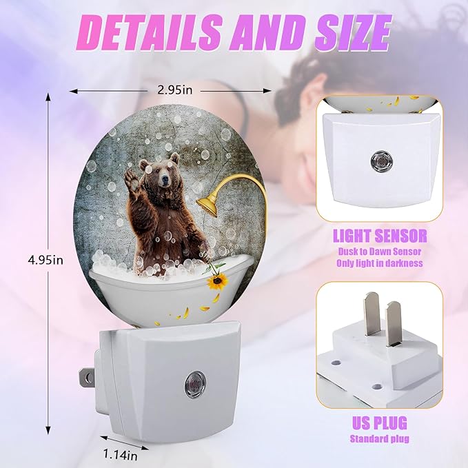 Brown Bear Bathing Night Light LED Lamp Round Plug into Wall Nightlight with Dusk to Dawn Sensor Home Hallway Stairway Kitchen Decor