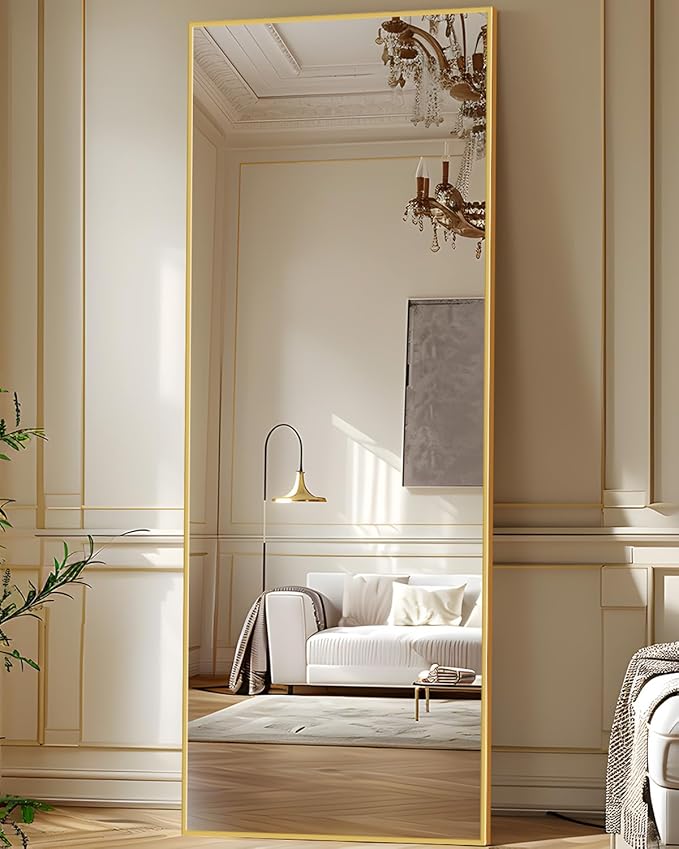 Antok Full Length Mirror, 58"x18" Floor Mirror with Stand, Hanging Mounted Mirrors for Bedroom, Living Room, Cloakroom, Dining Room, Gold, Rect